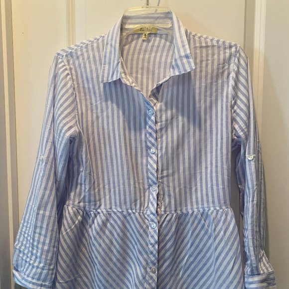 Love Notes Tops - Love Notes Button Up Shirt Women Medium Striped with Peplum & Roll Tab Sleeves